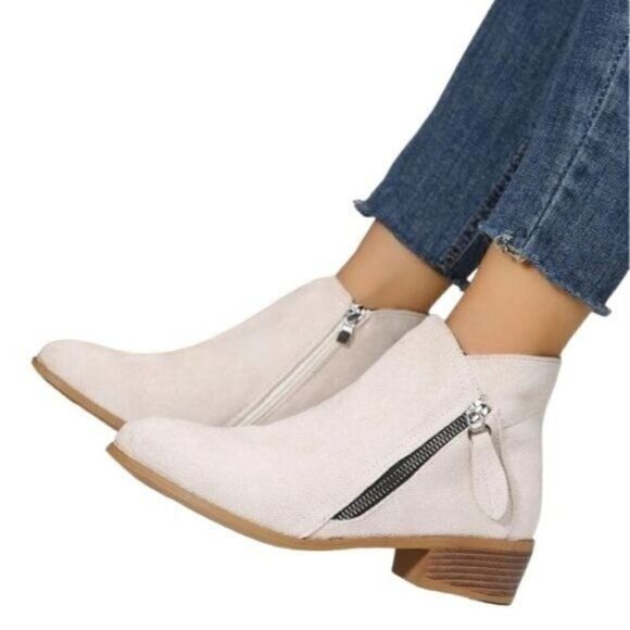 Chunky Heel Side Zip Faux Suede Ankle Boots - Picture 8 of 13